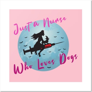 Halloween Nurse Flying With A Syringe In The Sky With Dog Posters and Art